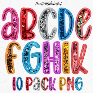 May include: Ten colorful, glittery letters of the alphabet, A through K, in a sparkly, sequined style. The letters are outlined in black and have a slightly rounded, doodle-like font. The letters are arranged in two rows, with the first row containing A, B, C, D, and E, and the second row containing F, G, H, I, and K. The letters are on a white background. The text "10 Pack PNG" is below the letters.
