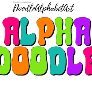 Retro Bright Alphabet Set letters png in 5 Colors, Retro Bright Color Doodle Alphabet PNG Bundle, Hand Drawn Sublimation Digital Downloads
