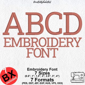 May include: A digital embroidery font in a serif style, featuring the letters ABCD in a warm, reddish-brown color. The words "EMBROIDERY FONT" are below. The image includes size and format details, and a sewing machine illustration.