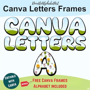 Hand-Drawn Typeface Letters Canva Frames, Cartoon Style Extra-Bold Weight Font, Editable Doodle Alpha Drag n Drop Photo, Patterns Or Colors