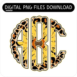 Leopard Sunflower Monogram Alphabet PNG, Hand drawn Digital Doodle Monogram Letter PNG with Sunflower pattern for sublimation design and DIY