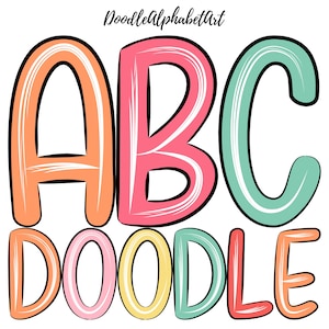 May include: Colorful doodle alphabet letters in orange, pink, green, light blue, yellow, and red. The letters spell out "ABC DOODLE".