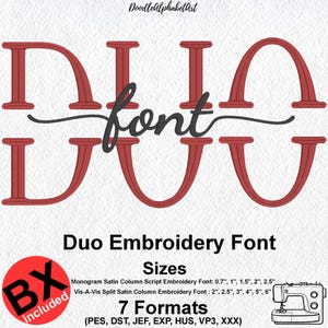Duo Vis-A-Vis Split & Monogram Script Satin Stitch Embroidery Fonts BX, Two Fonts Playful and Cursive Embroidery Machine Files
