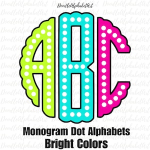 Monogram Dots Alphabet PNG Bundle, Bright Color Palette, 5 Alpha Sets, Handwritten Monogram Polka dot Letters PNG, Digital Downloads