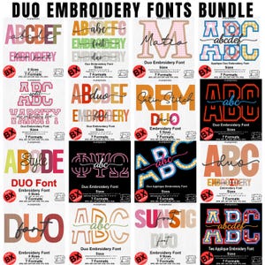 Puede incluir: Una colección digital titulada DUO EMBROIDERY FONTS BUNDLE que presenta dieciséis cuadrados distintos con varios estilos de alfabeto, muestras de fuentes de bordado y etiquetas de texto que indican tamaños, formatos y compatibilidad BX.