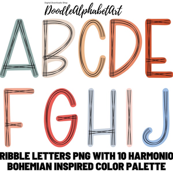 Boho Doodle Alphabet Scribble PNG with 10 harmonious bohemian inspired Color Palette. Grapefruit, Marine Layer, Autumn Leaves,  PNG Bundle