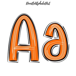 May include: Orange capital letter A and lowercase letter a with black outlines and white lines inside. The letters are drawn in a doodle style.