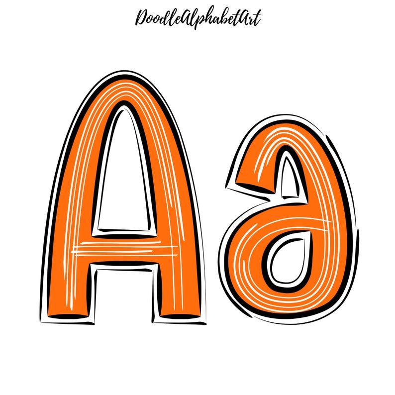 May include: Orange capital letter A and lowercase letter a with black outlines and white lines inside. The letters are drawn in a doodle style.