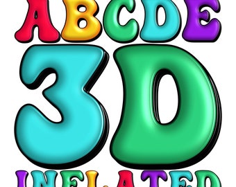 以下が含まれることがあります： 赤、黄、緑、青、紫など、さまざまな色の3D膨らんだ文字と数字。文字は「ABCDE 3D INFLATED」と綴られています。