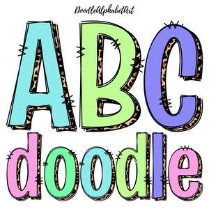Leopard Block Shadow Doodle Alphabet feat. Easter Color Palette, Handwritten Letters PNG Bundle for Sublimation Designs, Digital Downloads