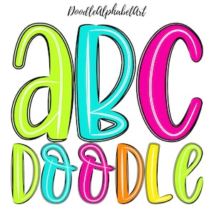 White Double Line Doodle Letters PNG Bundle, Black Double outline, Center Line, Bright Color, 5 Alpha Sets, Handwritten Font Alphabet PNG