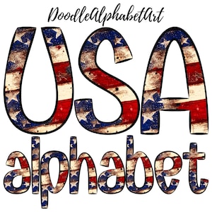 Digital Download, Patriotic American Flag Doodle Letters PNG, USA Alphabet Letters PNG Bundle, Hand Drawn Sublimation Designs