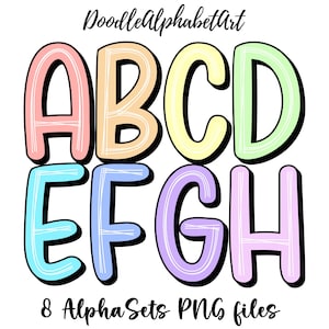 White Scribble Doodle Alphabet PNG Bundle, Block Shadow PNG font, Pastel Color Palette, Handwritten Comic Font Sublimation Digital Downloads