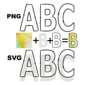 Doodle Letters Digital Alphabet PNG SVG with transparent interior, vector alphabet A-Z clipart hand drawn