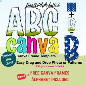 Curved Lines Doodle Letters Canva Frame Template, Alphabets Numbers Uppercase Lowercase Editable Canva Frame, Drag & Drop photos, patterns