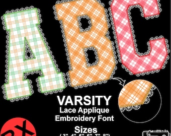 May include: Varsity lace applique embroidery font featuring the letters A, B, and C in plaid patterns of green, orange, and pink. The letters are outlined with white lace. The image includes text indicating sizes from 3" to 8" and 7 formats.