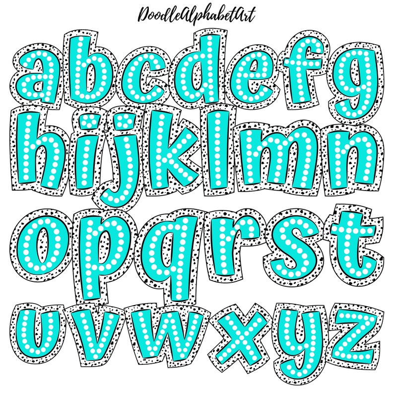 May include: A set of alphabet letters in a bold, outlined font with a turquoise fill and white polka dots. The letters are uppercase and are arranged in alphabetical order.
