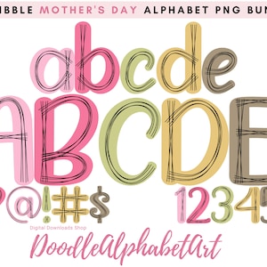 Scribble letters PNG in 5 Colors Schemes for Mother's Day, Doodle Alphabet PNG Bundle, Hand Drawn Sublimation PNG Designs Digital Downloads