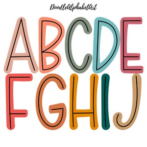 Black CenterLine Alphabet Letters PNG, 10 Boho Color Alpha Set, Dark Salmon, Gold Drop, ... Handwritten font Doodle Alphabet PNG Bundle