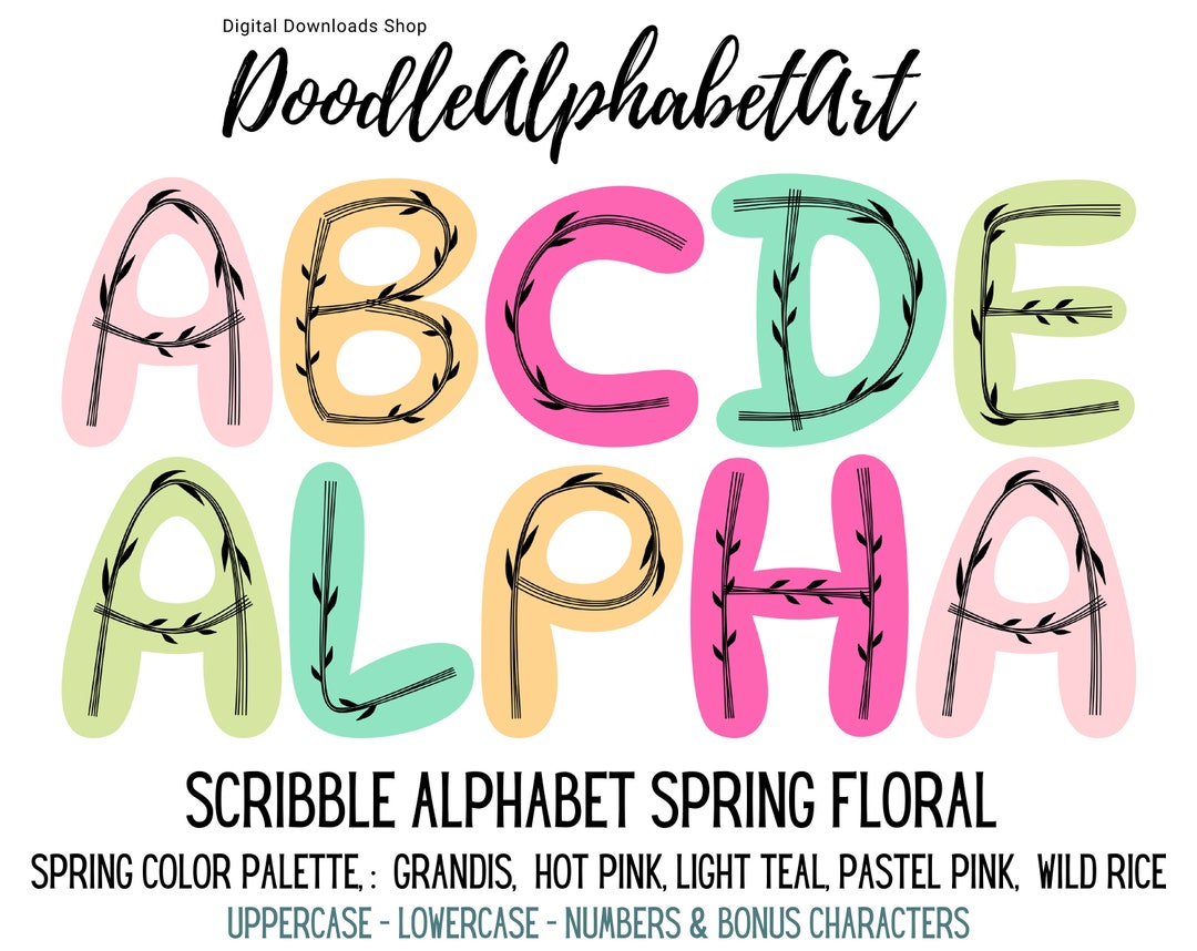Scribble Letters PNG, 5 Alphabet Sets, Doodle Spring Floral Alphabet ...