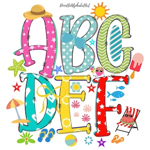 Summer Alphabet PNG Set, Vibrant Sketched Scribble Letters & Summer Beach ClipArt for Sublimation