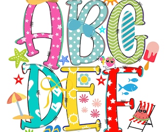 May include: Colorful summer-themed alphabet letters A, B, C, D, E, and F. Each letter is decorated with beach-related icons like a sun, sunglasses, starfish, and a beach umbrella. The letters are outlined in black and filled with patterns.