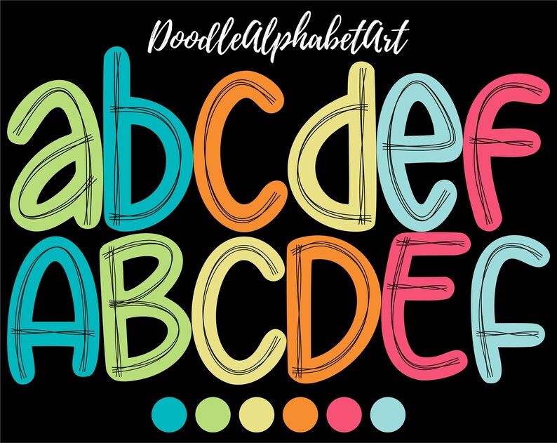 May include: Doodle alphabet art featuring the letters A, B, C, D, E, and F in a colorful, hand-drawn style. The letters are outlined in black and filled with various colors, including green, blue, orange, yellow, pink, and turquoise.