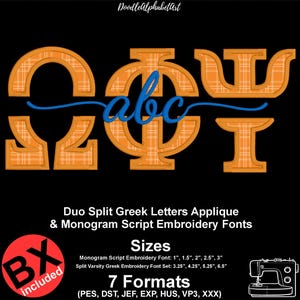 Può includere: Applicazione di lettere greche divise in duo e caratteri per ricamo con monogramma in corsivo, con lettere greche a quadri arancioni e monogramma blu. Testo: DoodleAlphabetArt, Duo Split Greek Letters Applique & Monogram Script Embroidery Fonts, Sizes, Monogram Script Embroidery Font: 1", 1.5", 2", 2.5", 3", Split Varsity Greek Embroidery Font Set: 3.25", 4.25", 5.25", 6.5", 7 Formats (PES, DST, JEF, EXP, HUS, VP3, XXX), BX included.