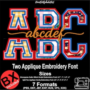 May include: A digital design featuring the letters A, D, and U in a varsity style, with a plaid and patriotic pattern. The design includes the text "Two Applique Embroidery Font" and size details. A sewing machine graphic is also present.