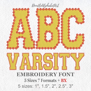 May include: Embroidery font design for the letters "ABC VARSITY" in yellow with red outlines. The font is available in 5 sizes: 1 inch, 1.5 inches, 2 inches, 2.5 inches, and 3 inches.
