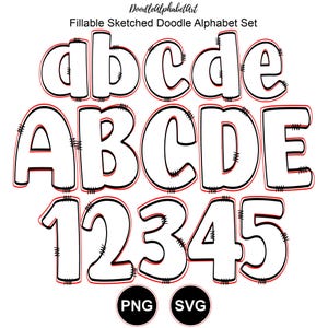 Fillable Blank Scribble & Sketched Alphabet Doodle SVG PNG, Transparent Background Letters and Numbers, Fill Your Own color Lettering SVG