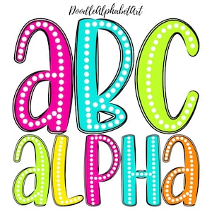 Bright Letters PNG Bundle with Dots Alphabet Clipart, Double outline Dotted Font PNG, 5 Alpha Sets, Digital Handwritten Font Alphabet PNG