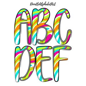 May include: Colourful, swirling letters A, B, C, D, E, and F in a rainbow pattern of pink, orange, yellow, green, blue, and white.