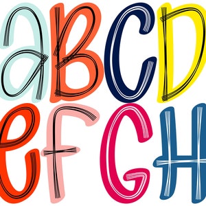Scribble letters PNG Set in 8 Colors, Pale Blue Lily, Portland Orange, Navy... Doodle Alphabet PNG Bundle, Hand Drawn Digital Downloads