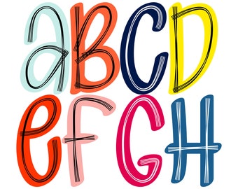 Scribble letters PNG Set in 8 Colors, Pale Blue Lily, Portland Orange, Navy... Doodle Alphabet PNG Bundle, Hand Drawn Digital Downloads