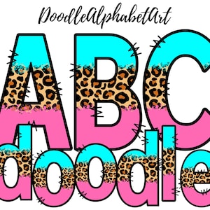 Leopard Doodle Alphabet PNG: Hot Pink & Cyan Letters (Digital Download)