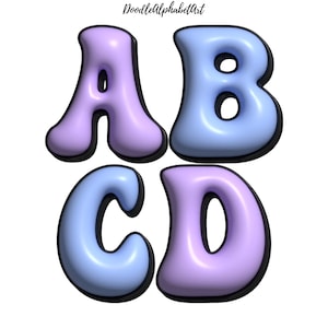 Pale Violet & Pastel Blue 3D Inflated Alphabet, Pastel Color Palette, Groovy 3D Letters PNG Files, Transparent PNG, Sublimation Designs