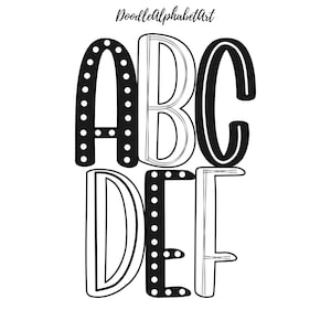 Op de afbeelding: Zwart-witte alfabetletters met stippen en lijnen. De letters zijn A, B, C, D, E en F. DoodleAlphabetArt staat bovenaan de afbeelding.
