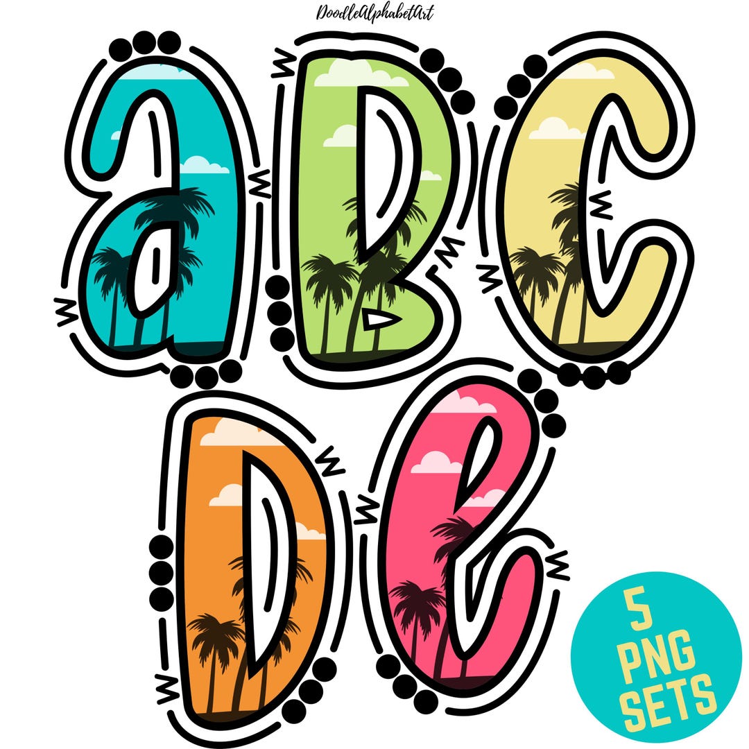 Palm Beach Doodle Alphabet PNG Bundle: Summer Letters for Sublimation ...