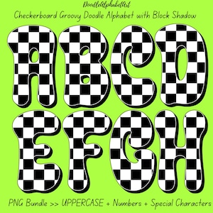 Checkerboard Retro Groovy Alphabet PNG Bundle, Retro Checkered Letters with Block shadow, Hand-drawn Groovy Alpha PNG for Sublimation & DIY