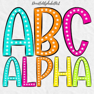 Star Letters PNG Bundle, Bright Color palette, 5 Digital AlphaPacks, Handwritten Stars Doodle Alphabet PNG, Sublimation Designs Tee crafting