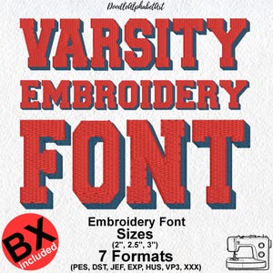 Varsity Block Shadow Embroidery Font: Sizes over 2 inches, 7 Formats, BX Files (Digital Download)