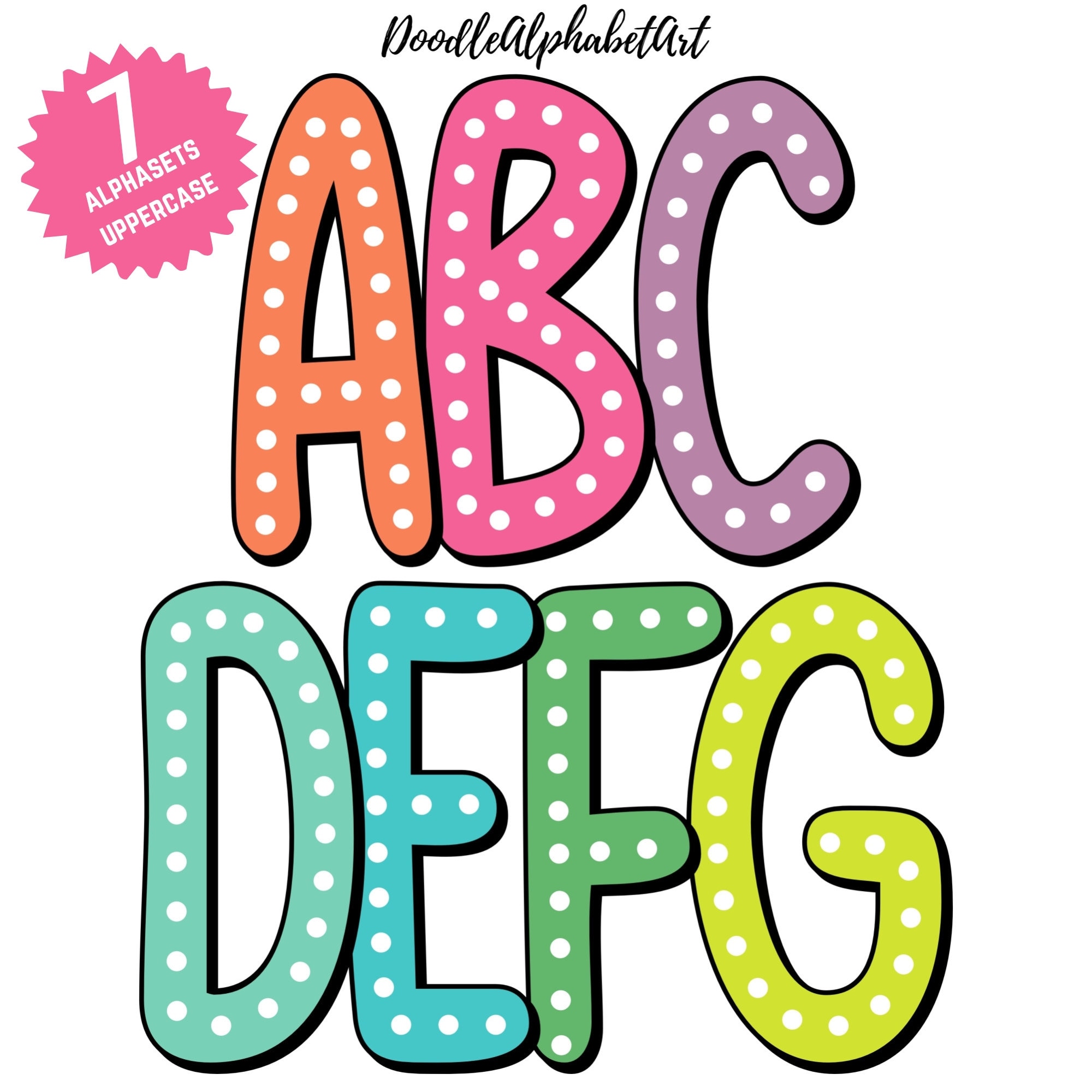 Polka Dot Doodle Alphabet PNG Bundle: 7 Pastel Alpha Sets (digital