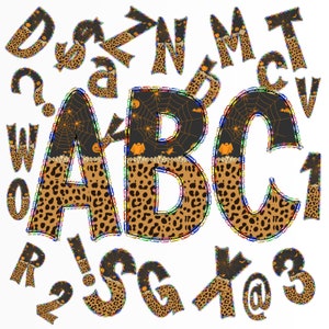 Halloween Alphabet, half Leopard Alphabet Doodle PNG perfect for Sublimation printings or any DIY projects