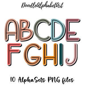 Black CenterLine Doodle Alphabet letters PNG Bundle, Block Shadow, Boho Color palette, Handwritten Comic Font PNG Designs Digital Downloads