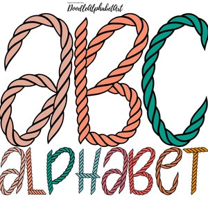 May include: A colorful rope alphabet design with the letters ABC and the word "ALPHABET" spelled out below. The letters are in various shades of pink, orange, teal, and blue.