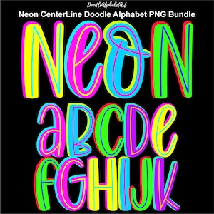 Op de afbeelding: Neon CenterLine Doodle Alphabet PNG Bundle met heldere kleuren. De letters zijn omrand in meerdere kleuren, waaronder geel, roze, blauw en groen, tegen een zwarte achtergrond. De tekst is in een vet, speels lettertype.