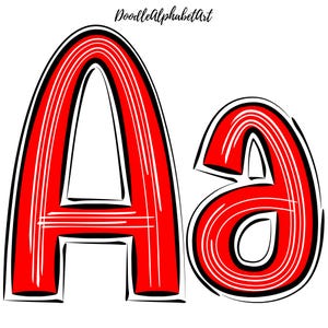 May include: Red uppercase and lowercase letter A with a white outline and a striped pattern. The letters are drawn in a doodle style.