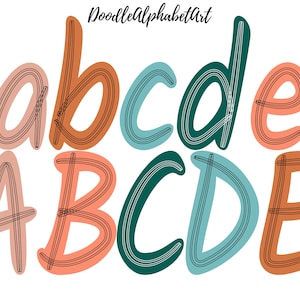Scribble Letters PNG in 5 Colors : Dark Salmon, Deep Sea Green, Blush, Neptune... A Hand Drawn Doodle Alphabet Bundle for Sublimation Design