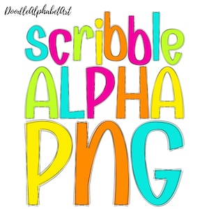 Outline Scribble Alphabet PNG Bundle, Bright Color Palette, 5 Alpha Sets, Handwritten Font Alphabet PNG, Digital Downloads for sublimation